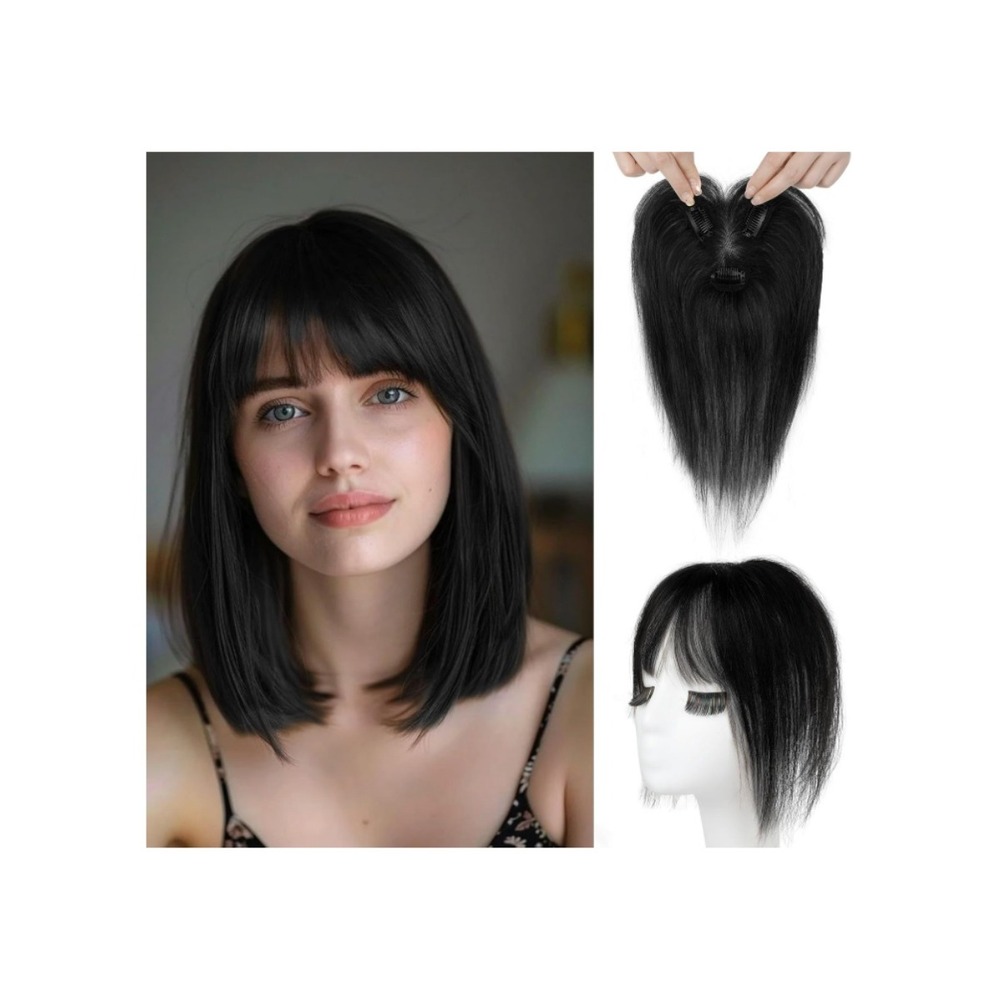 REECHO Real Human Hair Topper with Bangs Natural Black 3D‎ Seamless Clip In 360